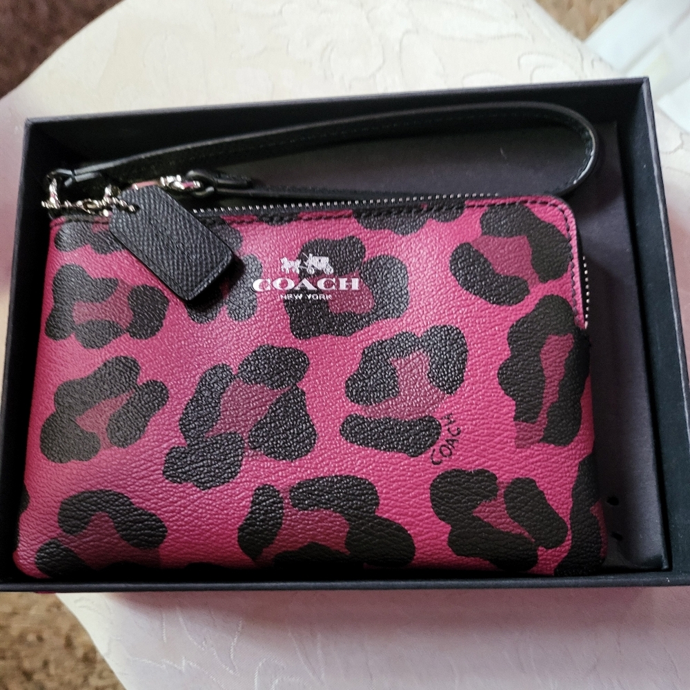 Coach HOT PINK leopard wristlet! WITH hot pink sparkle box